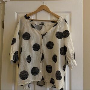 Symple NYC White and Black Polka Dot Linen Blouse | XL